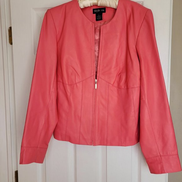 Style & Co. Jackets & Blazers - NWOT, Style & Co Genuine Leather Coral Pink Round Neckline Jacket, Large Size,